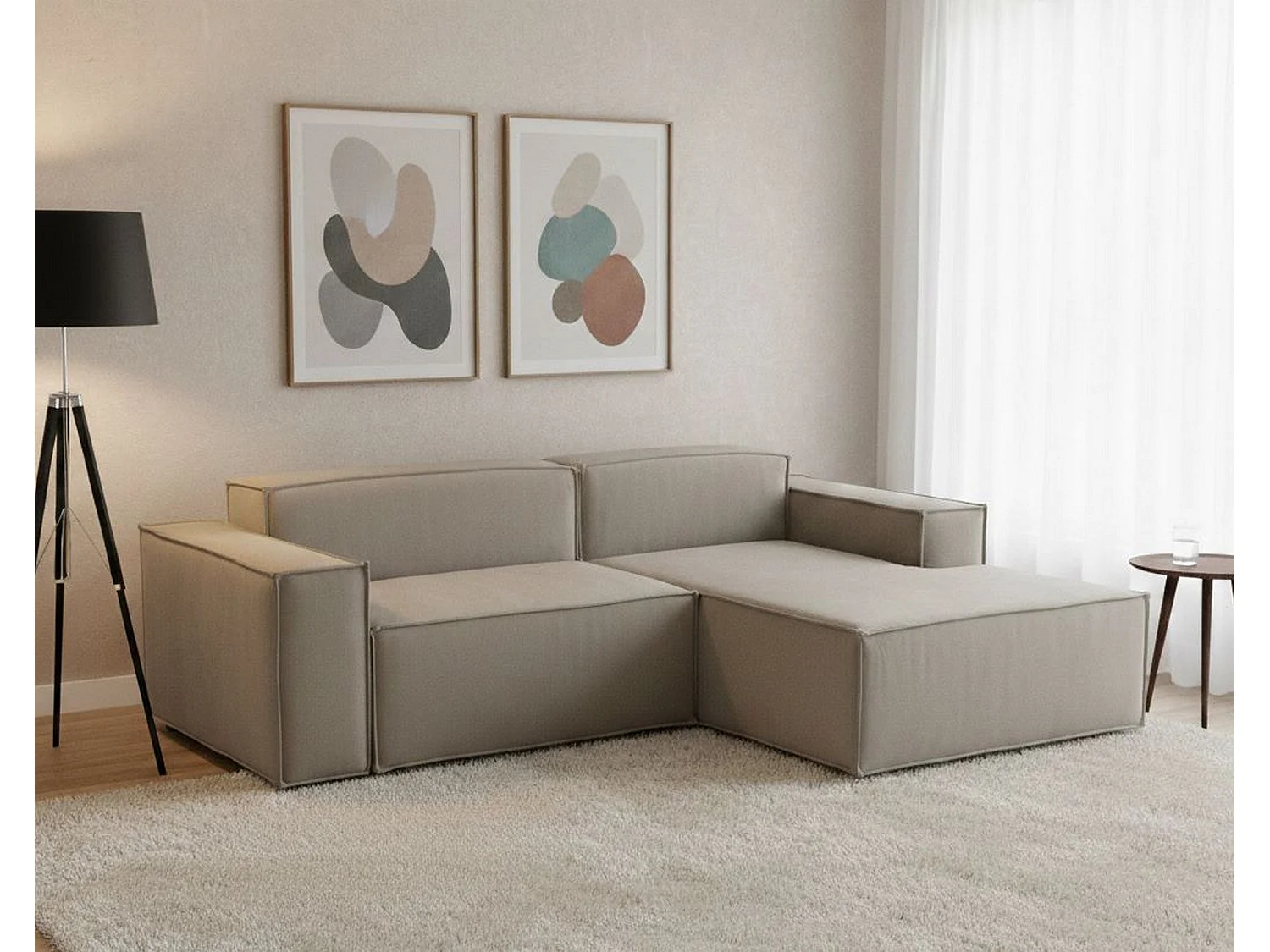 Dlorenz vaste bank, 2-zits modulaire bank met rechterschiereiland, 100% Made in Italy, Moderne stoffen bank, 220x170h70 cm, Taupe