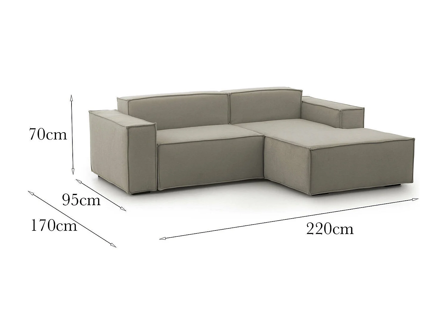 Dlorenz vaste bank, 2-zits modulaire bank met rechterschiereiland, 100% Made in Italy, Moderne stoffen bank, 220x170h70 cm, Taupe