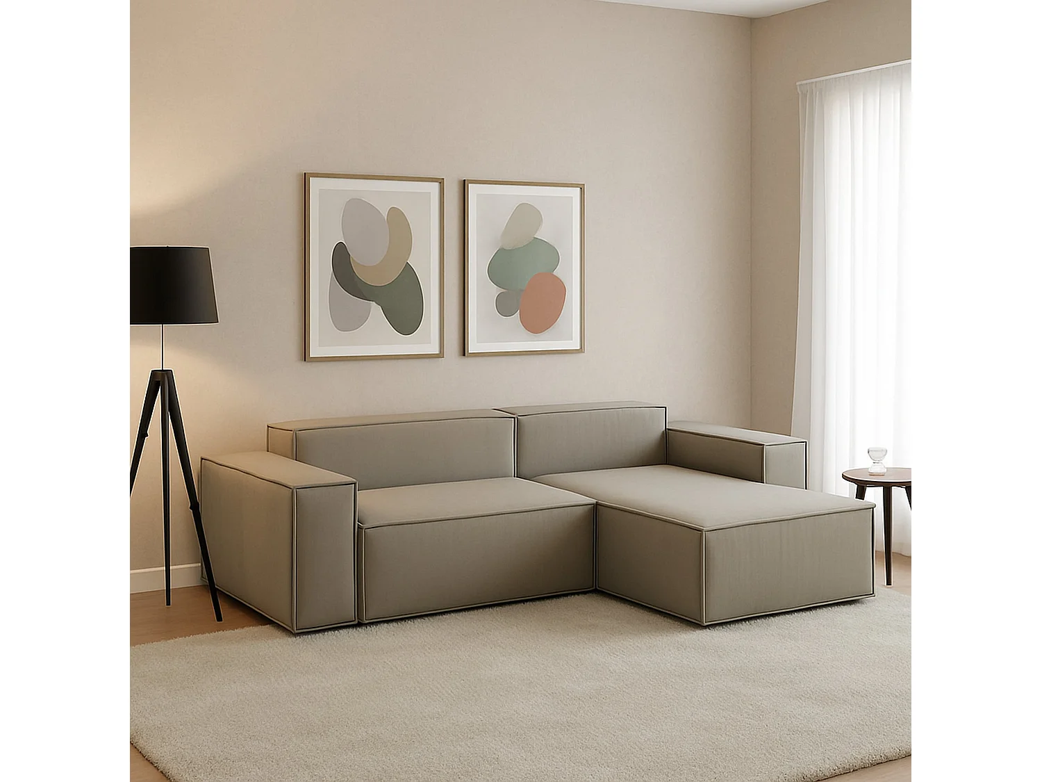 Dlorenz vaste bank, 2-zits modulaire bank met rechterschiereiland, 100% Made in Italy, Moderne stoffen bank, 220x170h70 cm, Taupe