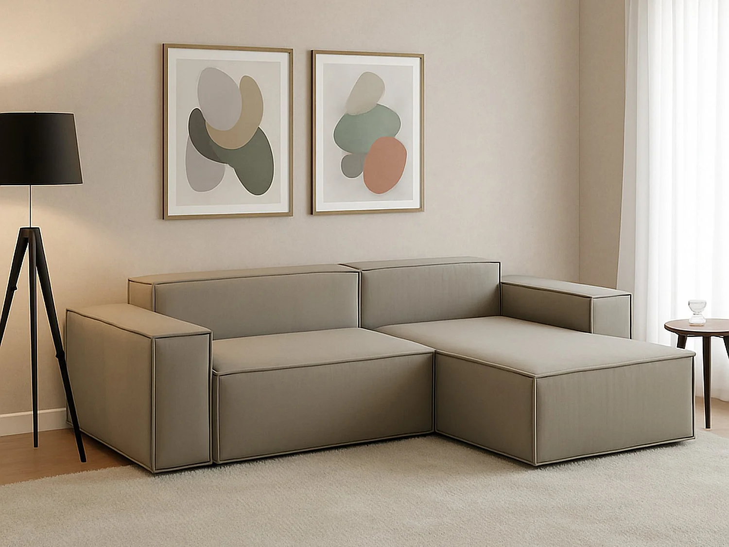 Dlorenz vaste bank, 2-zits modulaire bank met rechterschiereiland, 100% Made in Italy, Moderne stoffen bank, 220x170h70 cm, Taupe