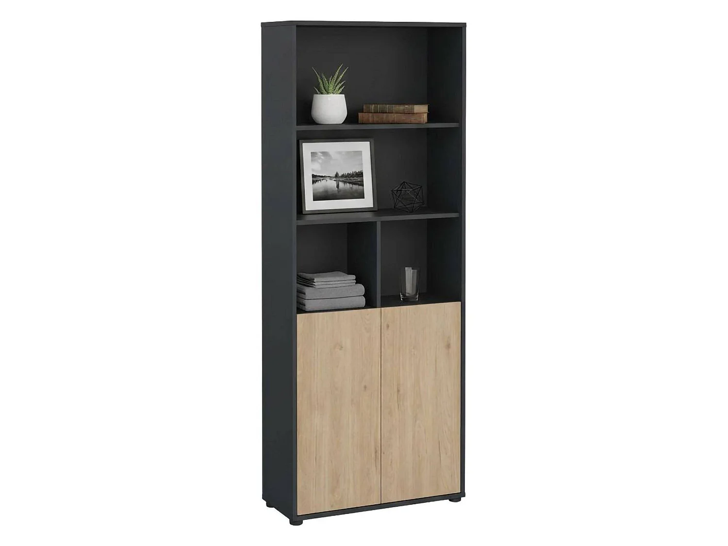 Bibliothèque Dtassott, Etagère de bureau, Porte-livre mobile, Librairie, 80x34 h205 cm, Chêne et Gris