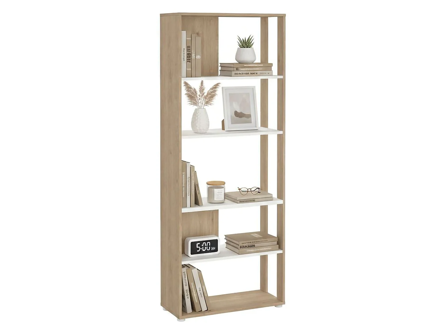 Bibliothèque Dspelt, Etagère de bureau, Porte-livre mobile, Librairie, 80x34 h205 cm, Chêne clair et Blanc