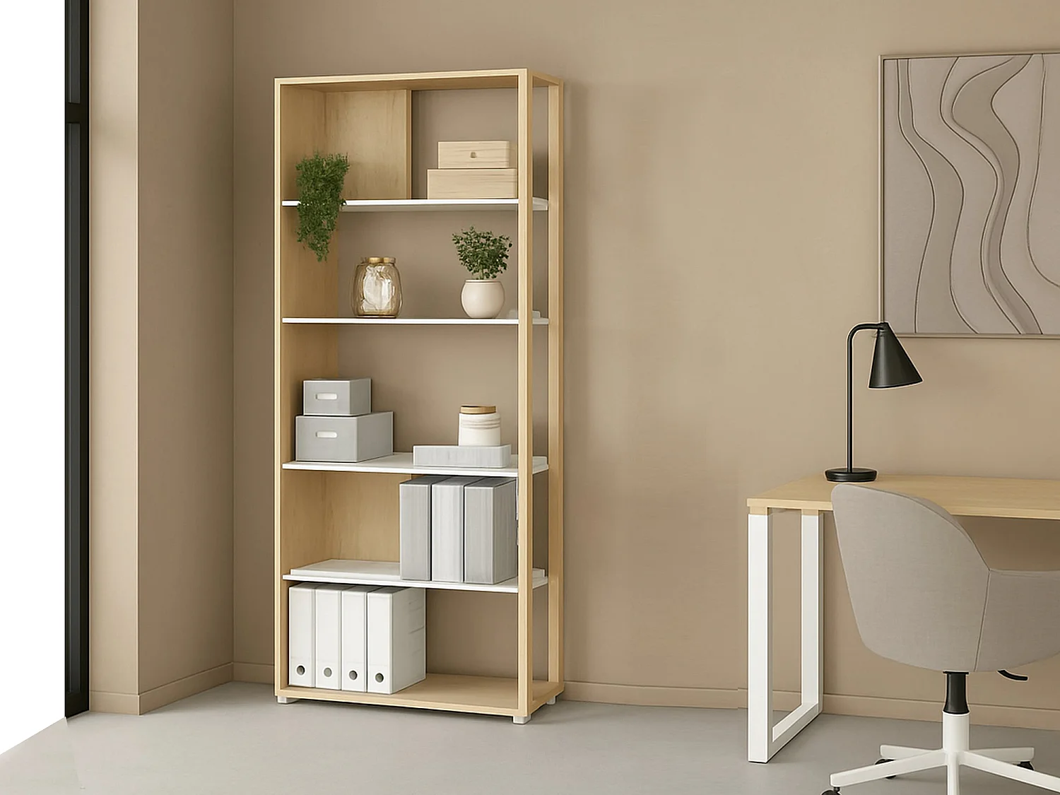Bibliothèque Dspelt, Etagère de bureau, Porte-livre mobile, Librairie, 80x34 h205 cm, Chêne clair et Blanc