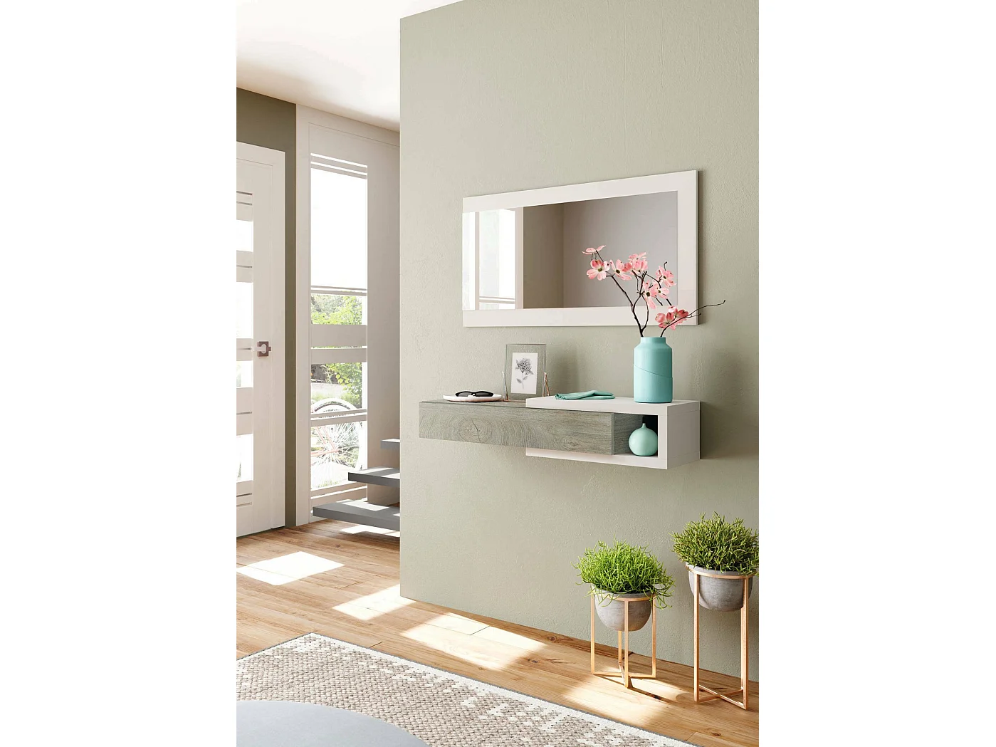 Dhasi entreemeubilair, Omkeerbare entree met spiegel, Halmeubel met lade, Zakblad voor appartementen, 95x26h69 cm, Wit en Eiken