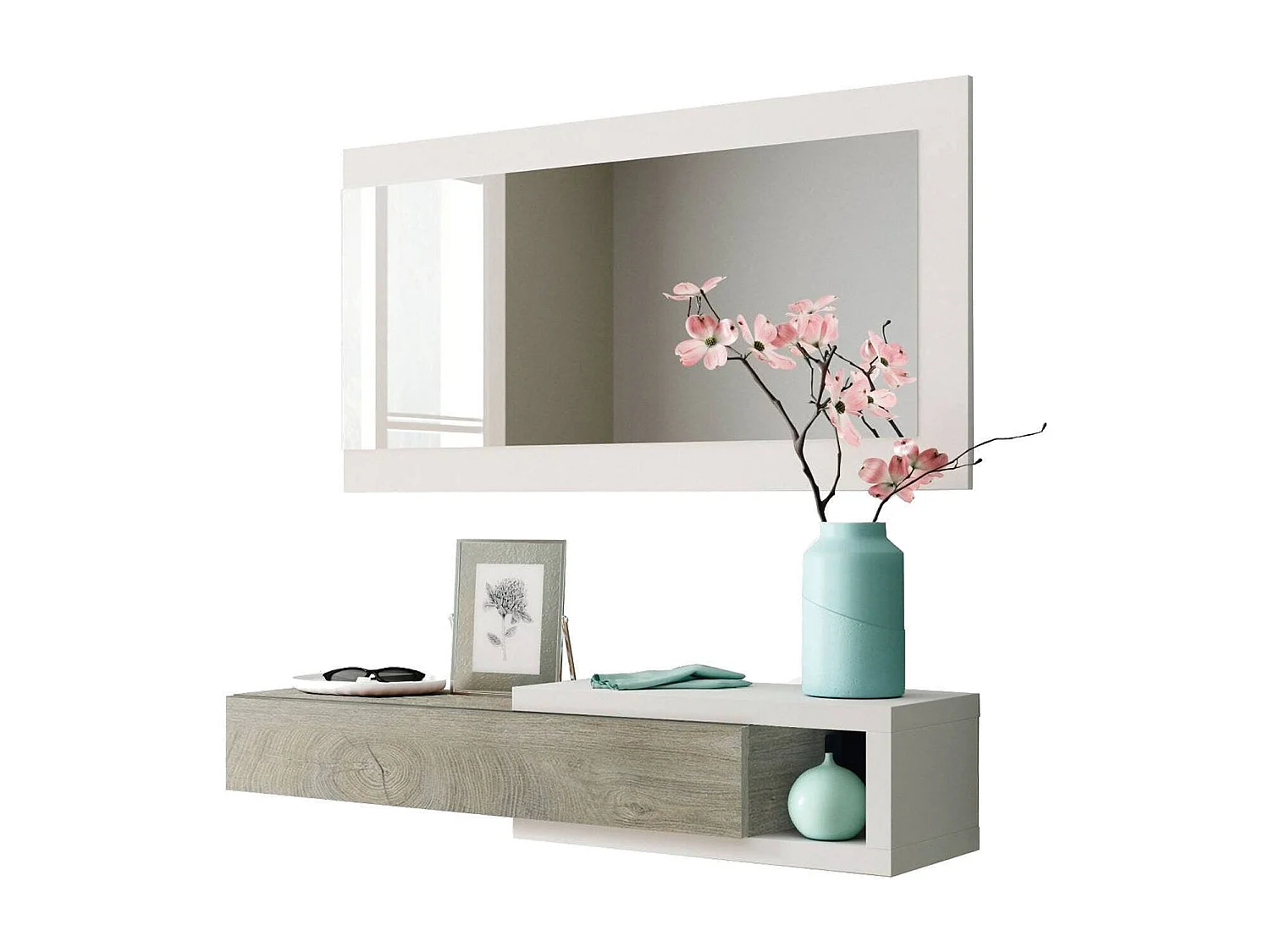 Dhasi entreemeubilair, Omkeerbare entree met spiegel, Halmeubel met lade, Zakblad voor appartementen, 95x26h69 cm, Wit en Eiken