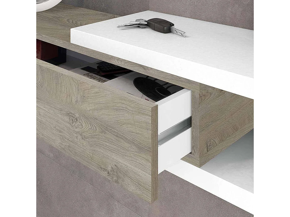 Meuble d'entrée Dhai, Entrée réverible avec miroir, Meuble d'entrée avec tiroir, Plateau de poche pour appartement, 95x26h69 cm, Blanc et Chêne