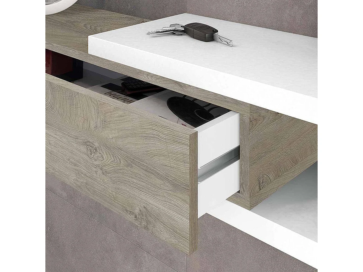 Meuble d'entrée Dhasi, Entrée réversible avec miroir, Meuble d'entrée avec tiroir, Plateau de poche pour appartements, 95x26h69 cm, Blanc et Chêne