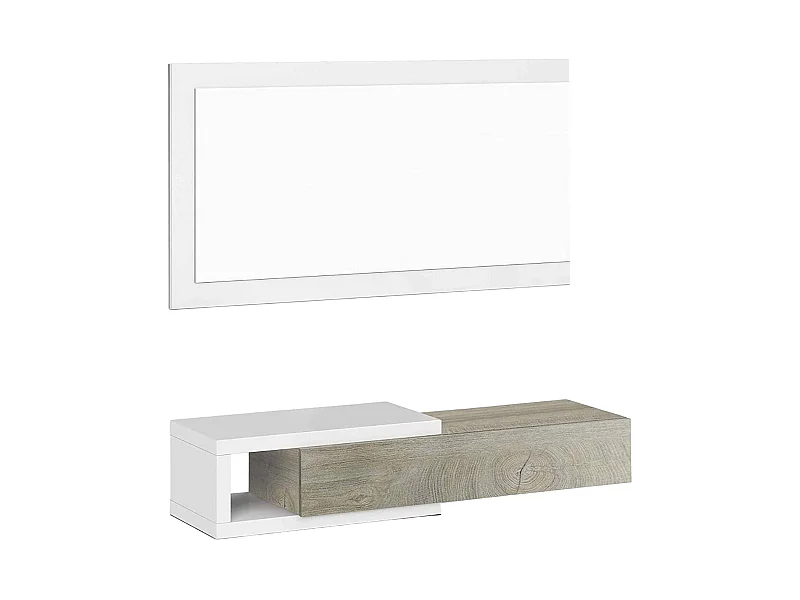 Dhasi entreemeubilair, Omkeerbare entree met spiegel, Halmeubel met lade, Zakblad voor appartementen, 95x26h69 cm, Wit en Eiken