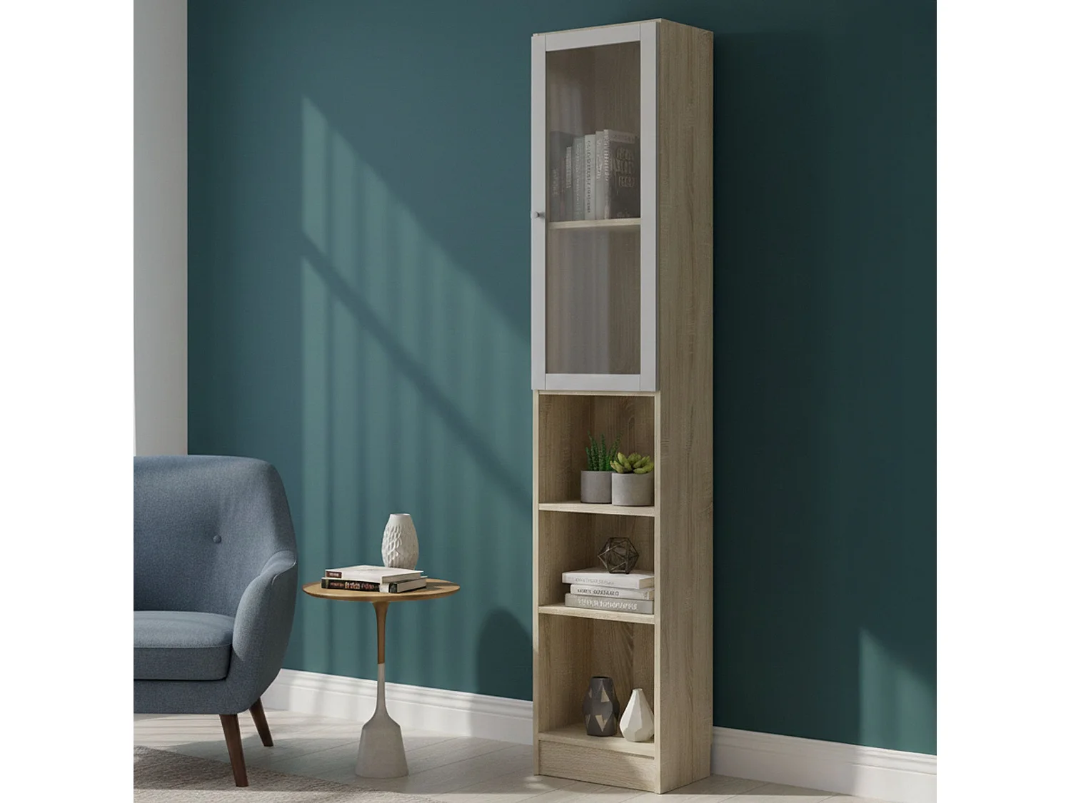 Dsitu boekenkast, Kantoorplank, Boekenkast, Bibliotheek, 41x28 h203 cm, Eiken en Wit