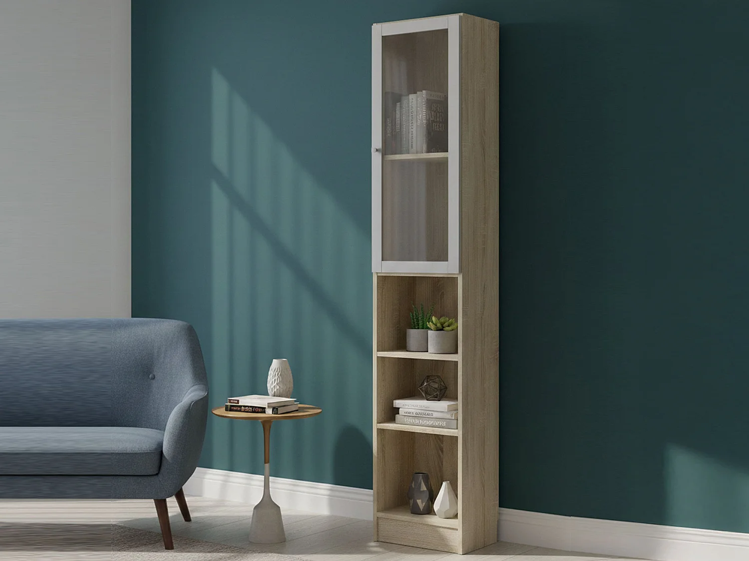 Bibliothèque Dsitu, Etagère de bureau, Porte-livre mobile, Librairie, 41x28 h203 cm, Chêne et Blanc