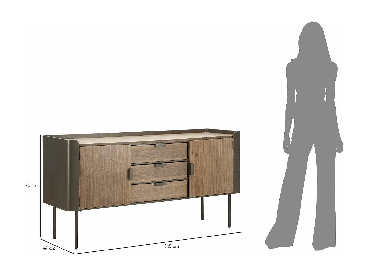 Aparador Jones, buffet de sala, aparador de sala, despensa de cozinha, 145x47 h76 cm, cinzento e castanho