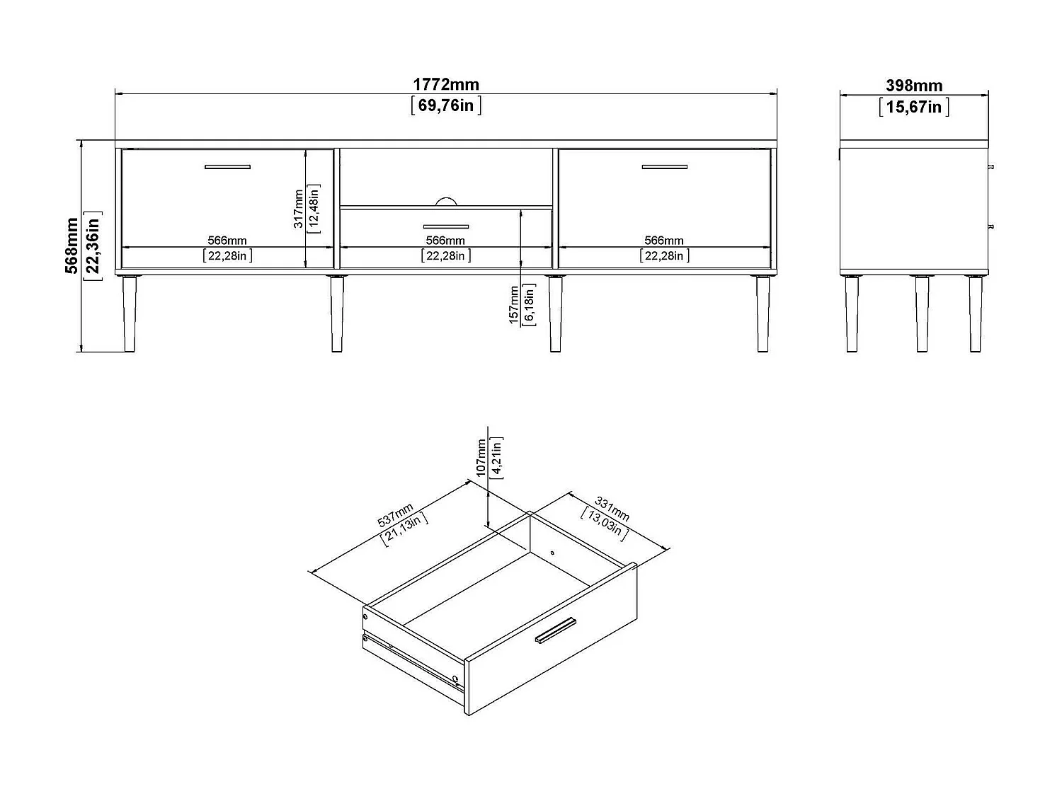 Fernsehschrank Dtisc, Ständer für Wohnzimmerfernseher, Niedriges Wohnzimmer-Sideboard, TV-Ständerbasis, 177x40 h57 cm, Schwarz