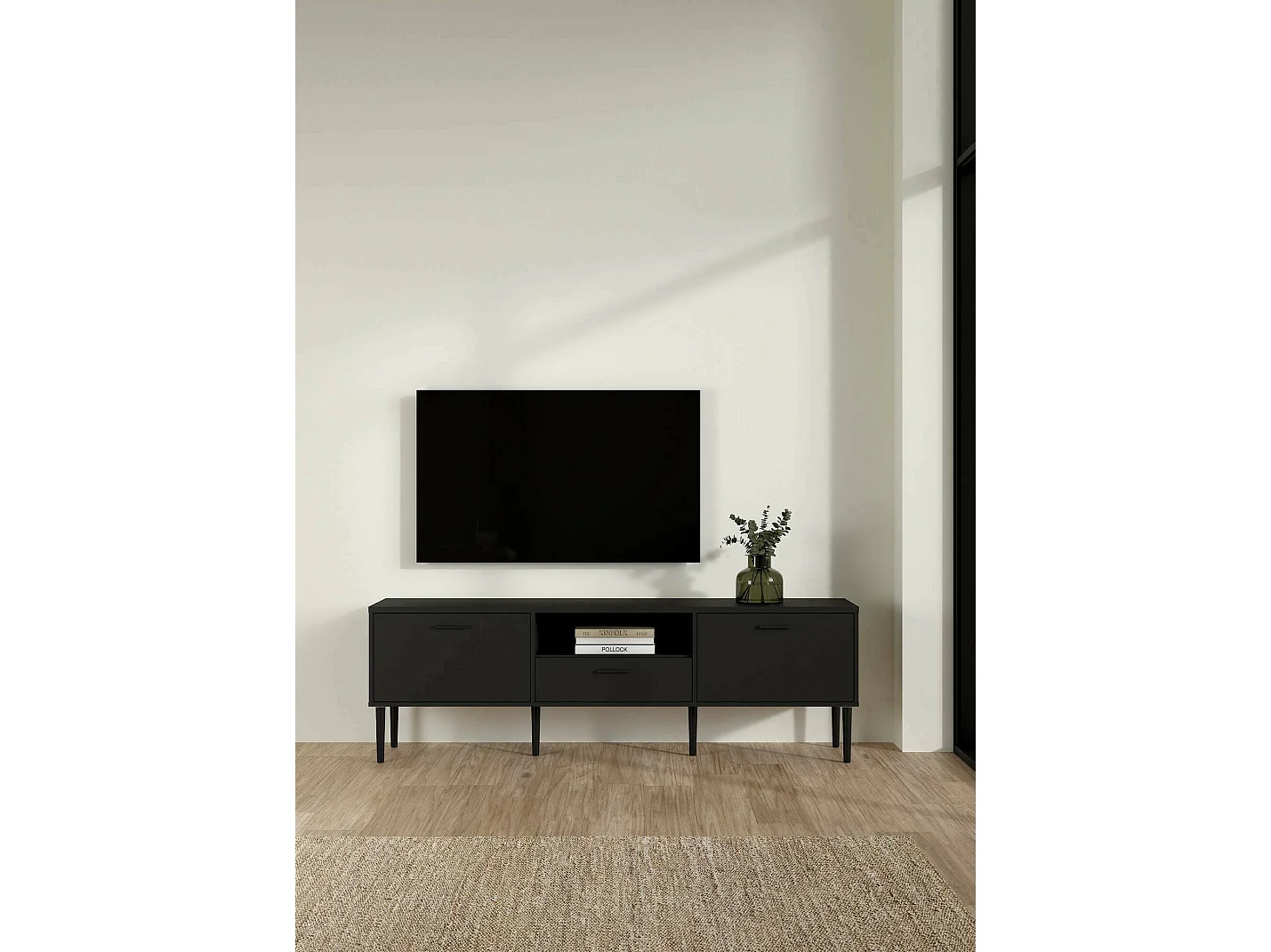 Meuble TV Dtisc, Buffet de salon, Armoire basse pour TV, Base murale de rangement, 177x40 h57 cm, Noir