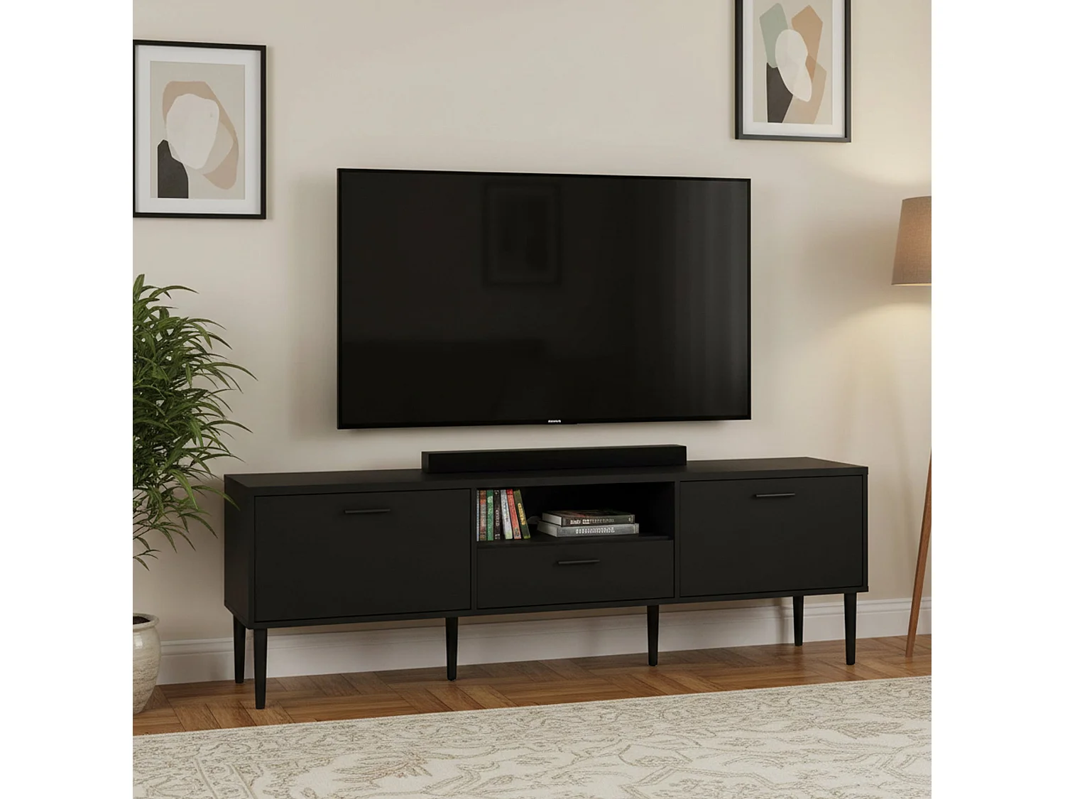 Meuble TV Dtisc, Buffet de salon, Armoire basse pour TV, Base murale de rangement, 177x40 h57 cm, Noir
