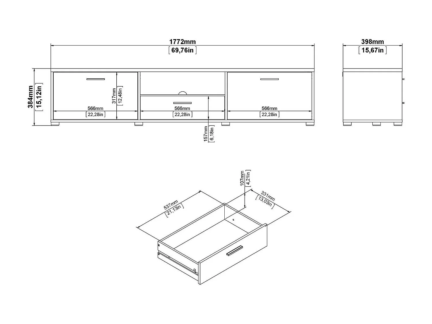 Móvel TV Dtinagli, Aparador sala, Armário baixo para TV, Base de parede equipada, 177x40 h38 cm, Branco