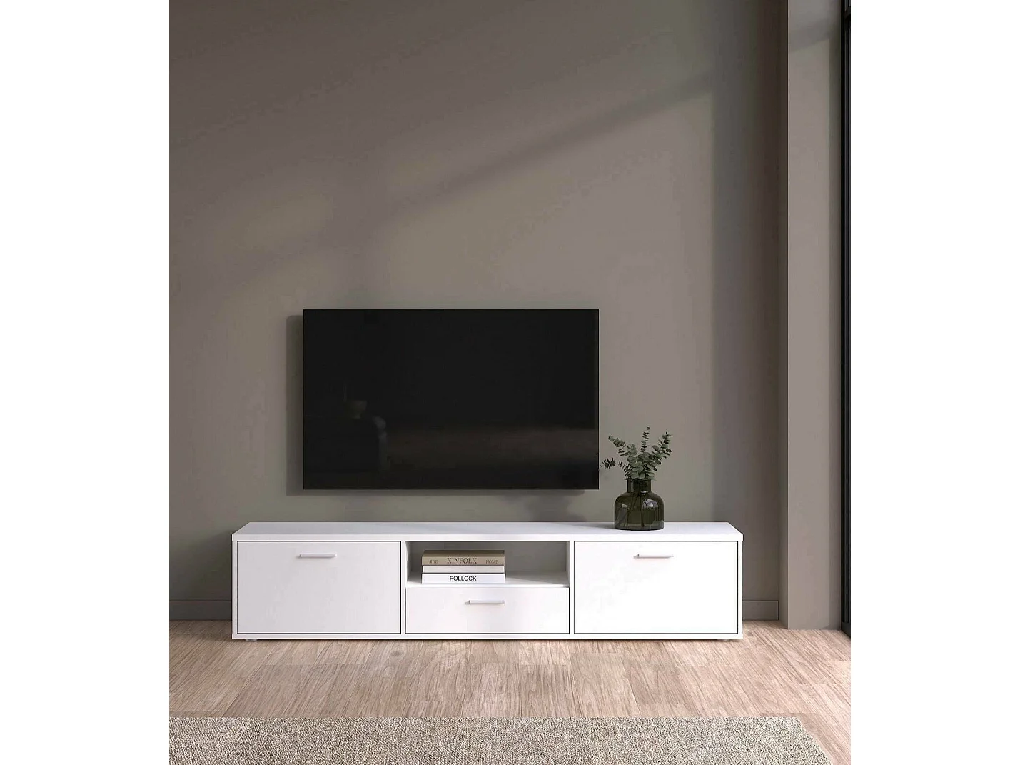 Dtinagli TV-meubel, Woonkamerdressoir, Lage tv-kast, Voorzien van wandbasis, 177x40 h38 cm, Wit