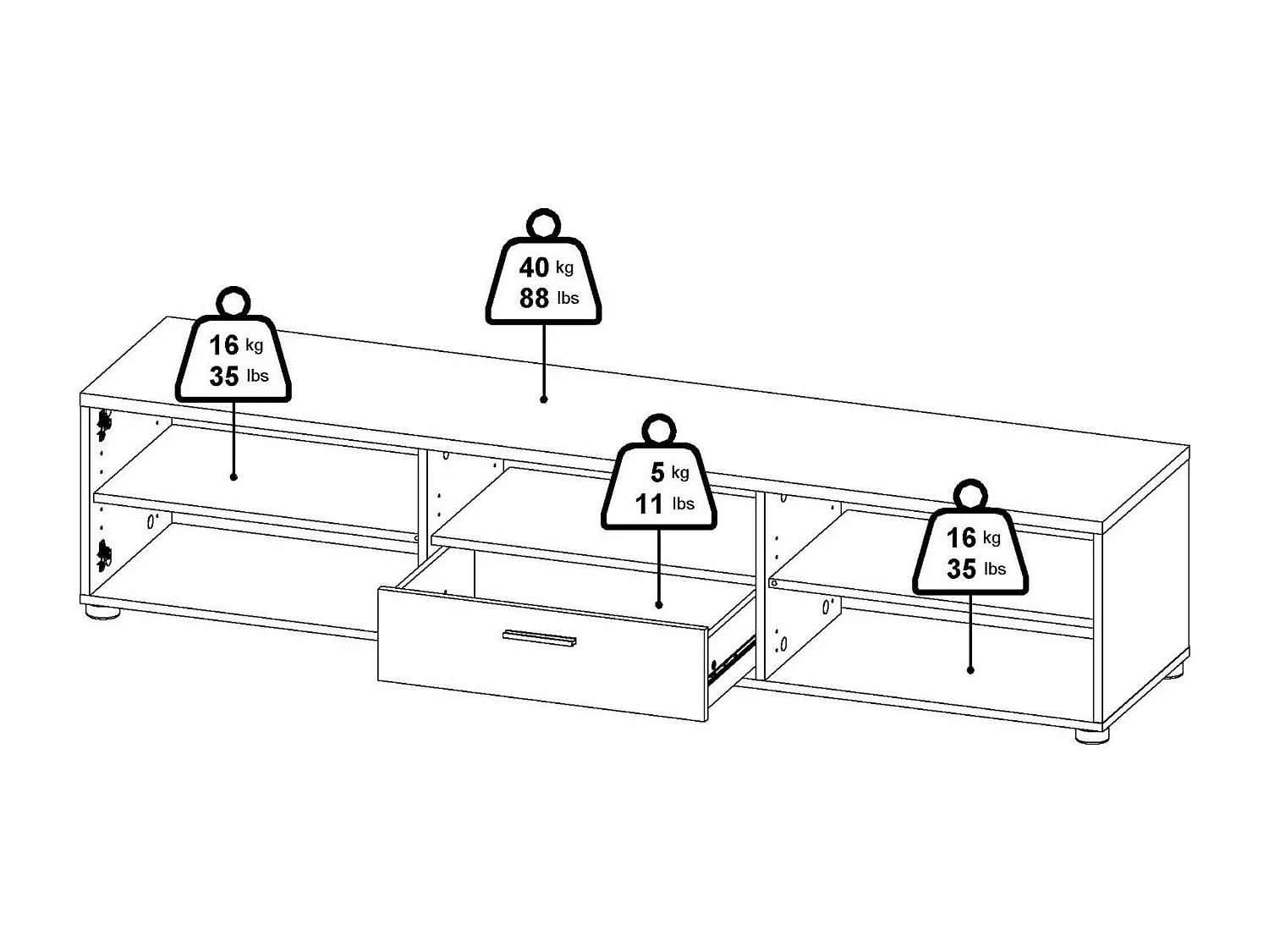 Dtinagli TV-meubel, Woonkamerdressoir, Lage tv-kast, Voorzien van wandbasis, 177x40 h38 cm, Wit