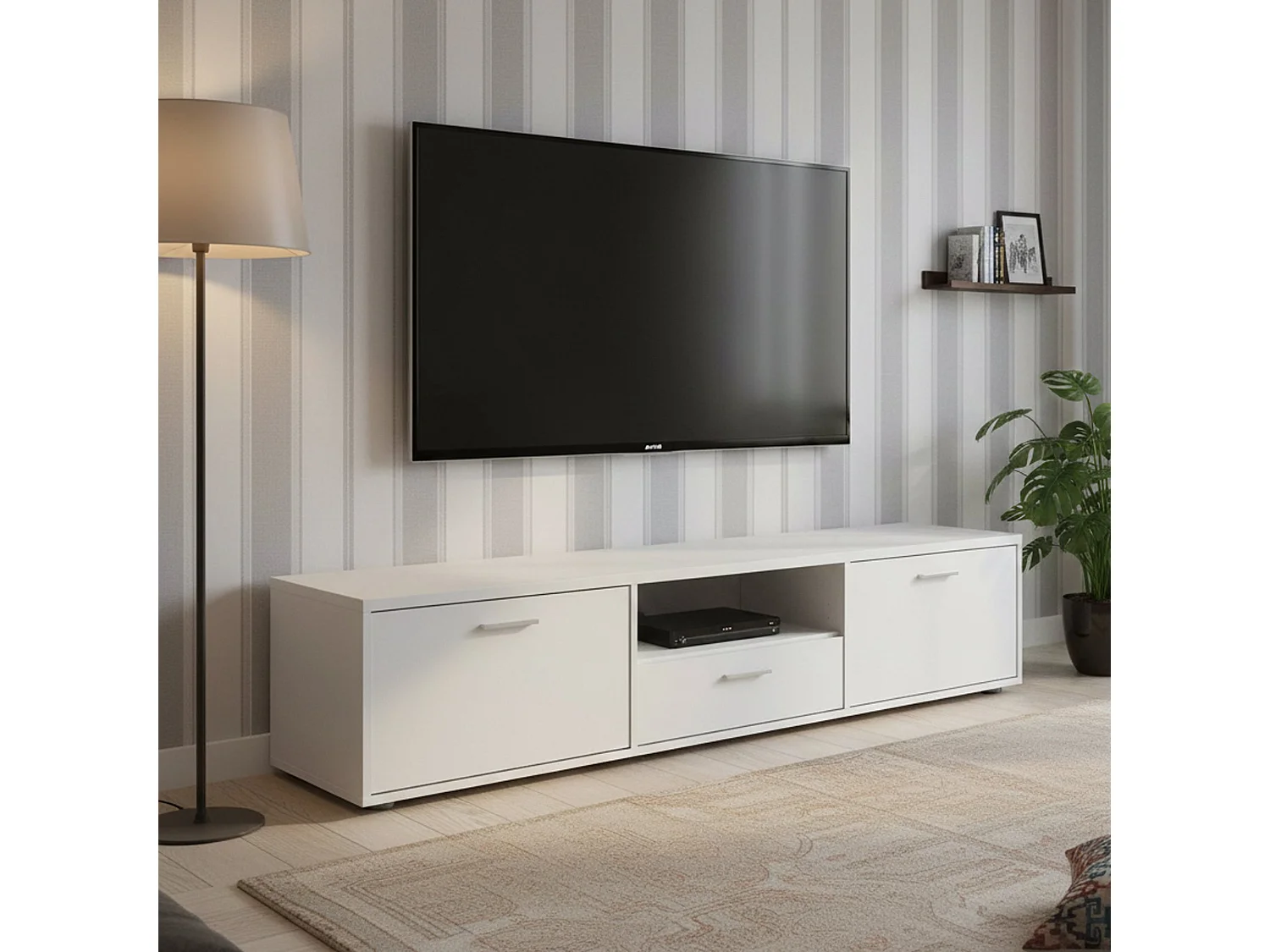 Dtinagli TV-meubel, Woonkamerdressoir, Lage tv-kast, Voorzien van wandbasis, 177x40 h38 cm, Wit