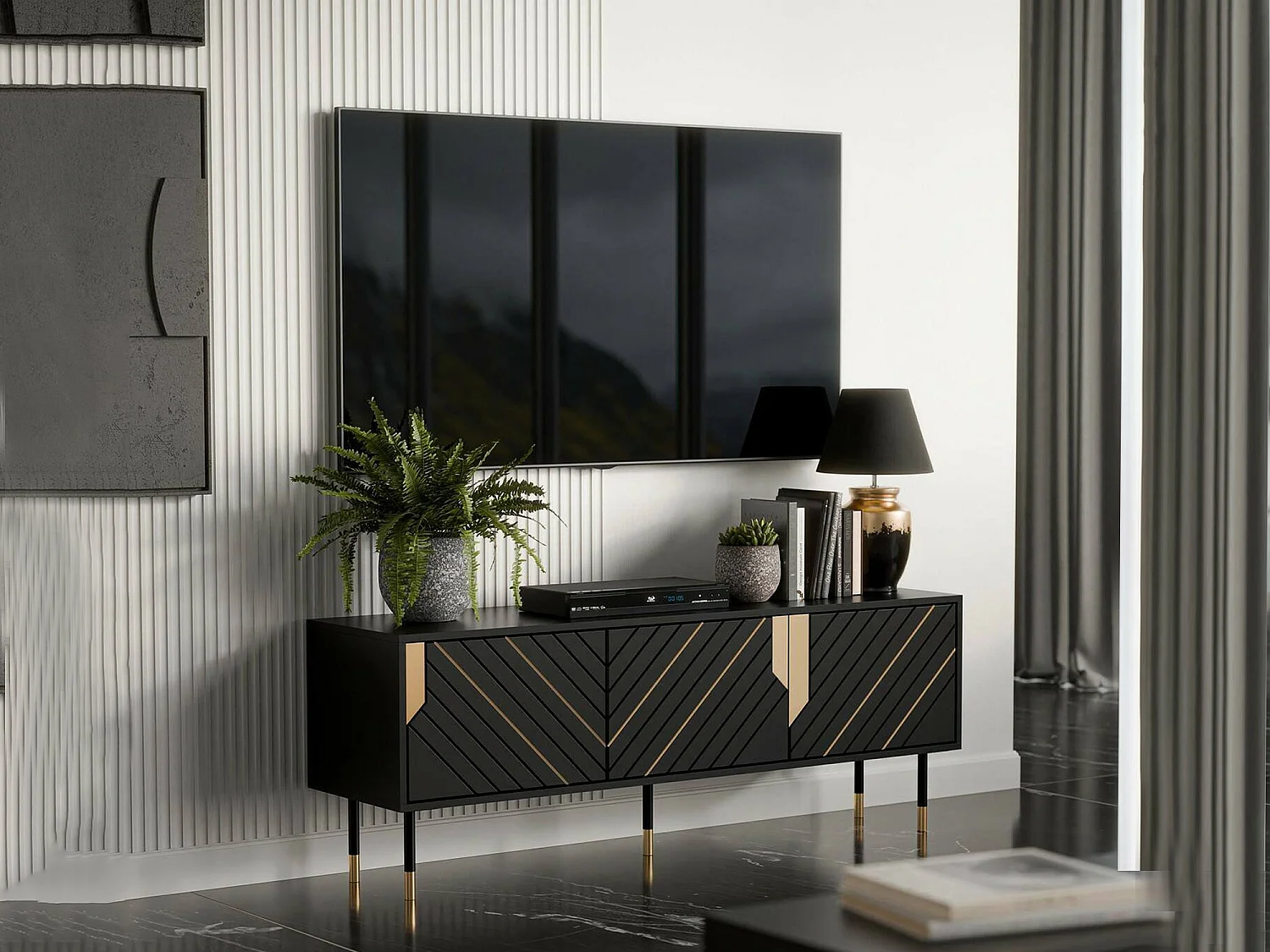 Meuble TV Seia, 2 étagères, 40x154x55h cm Noir