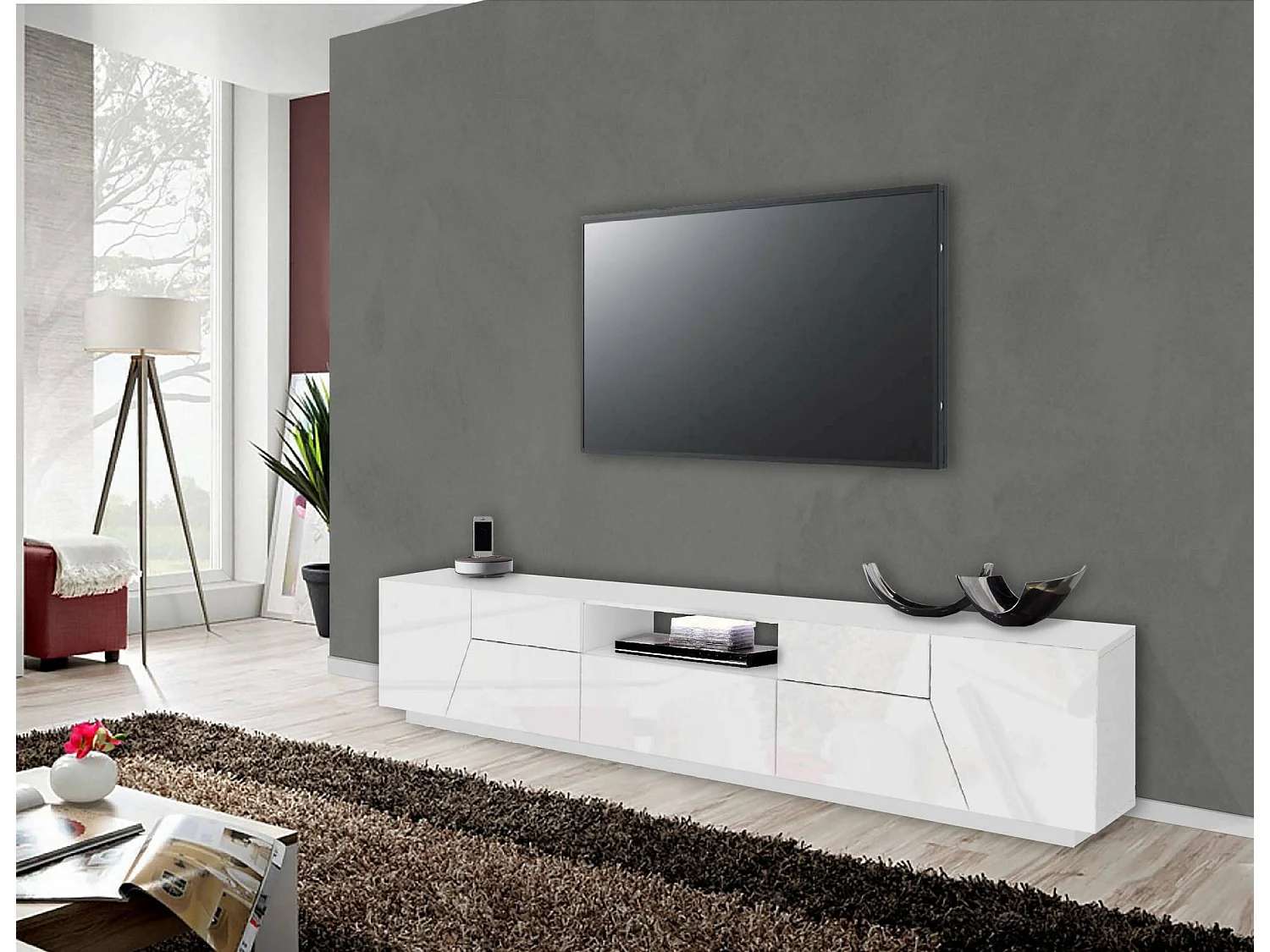 Meuble TV Dfilipp, Buffet bas de salon, Base pour meuble TV, 100% Made in Italy, 220x43h46 cm, Blanc brillant