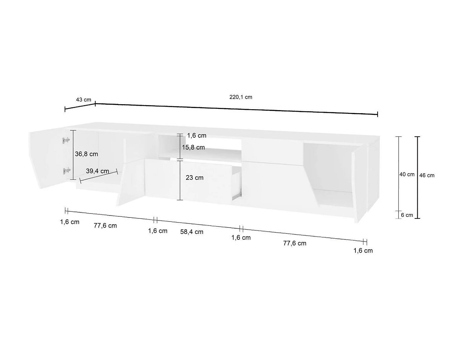 Meuble TV Dfilipp, Buffet bas de salon, Base pour meuble TV, 100% Made in Italy, 220x43h46 cm, Blanc brillant