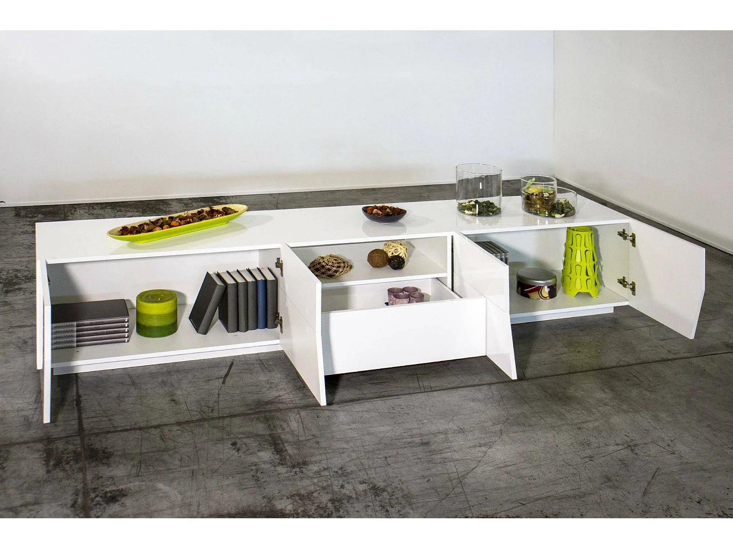 Meuble TV Dfilipp, Buffet bas de salon, Base pour meuble TV, 100% Made in Italy, 220x43h46 cm, Blanc brillant