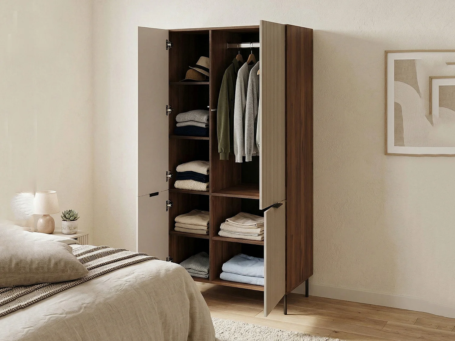 Armoire 2 Portes Agueda, Portemanteau, 52x185h cm Beige, Armoire Chambre à Coucher