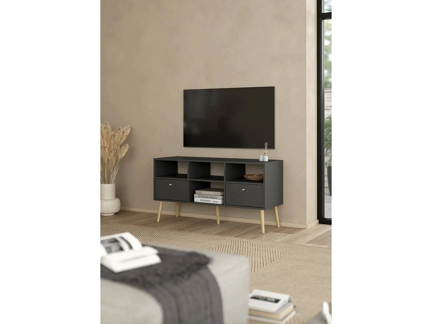 Meuble TV Dtoedtl, Buffet de salon, Armoire basse pour TV, Base murale de rangement, 117x39 h61 cm, Gris