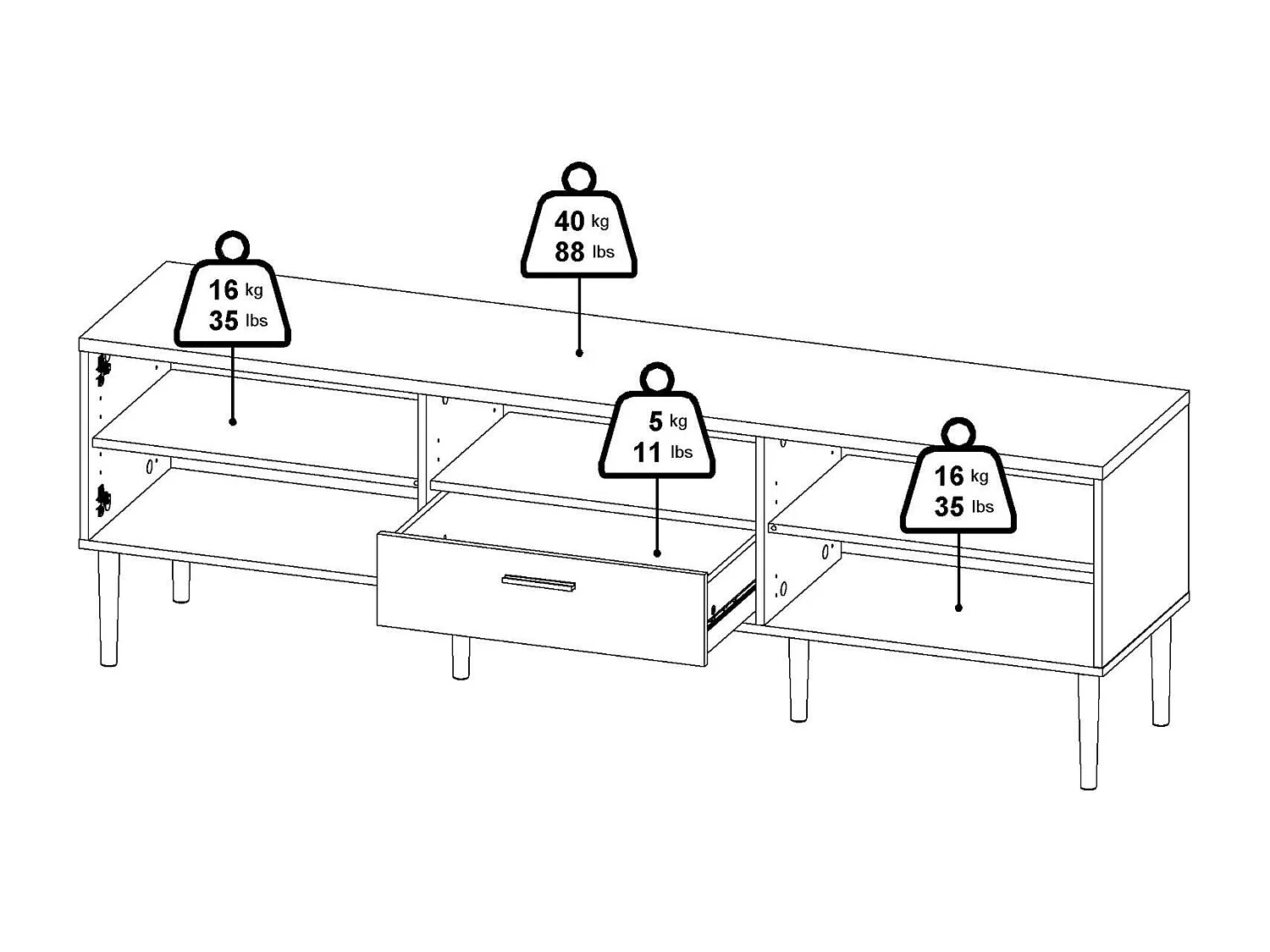 Fernsehschrank Dtisc, Ständer für Wohnzimmerfernseher, Niedriges Wohnzimmer-Sideboard, TV-Ständerbasis, 177x40 h57 cm, WeiÃŸ