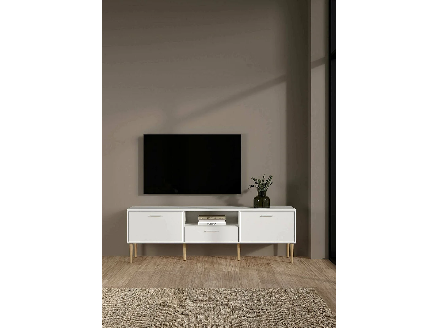 Meuble TV Dtisc, Buffet de salon, Armoire basse pour TV, Base murale de rangement, 177x40 h57 cm, Blanc