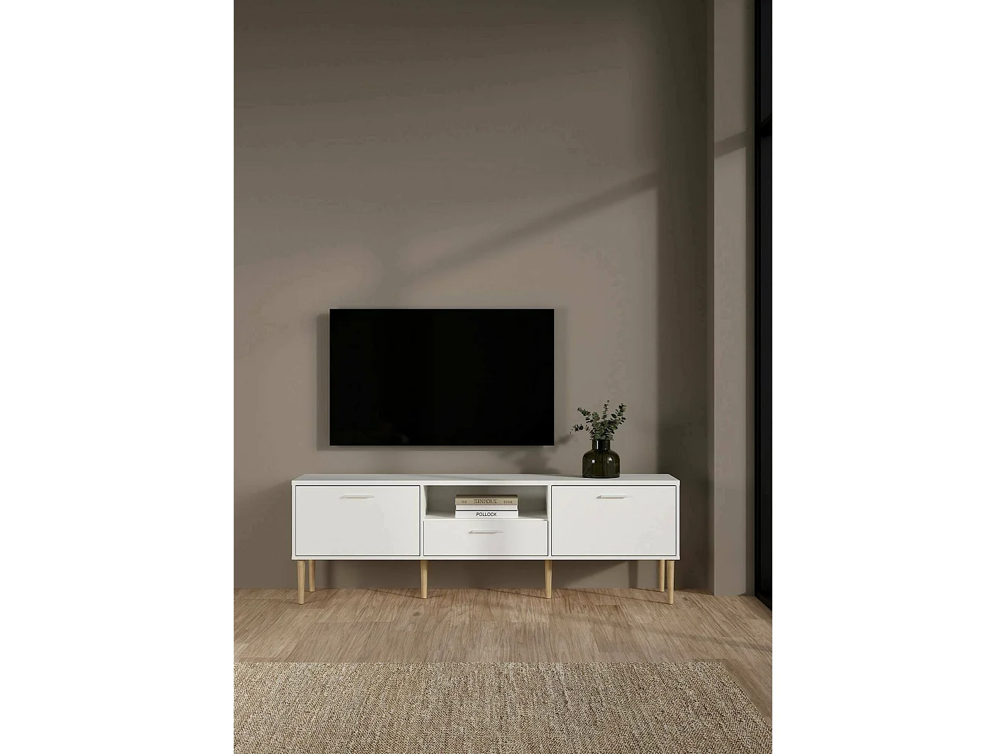 Meuble TV Dtisc, Buffet de salon, Armoire basse pour TV, Base murale de rangement, 177x40 h57 cm, Blanc