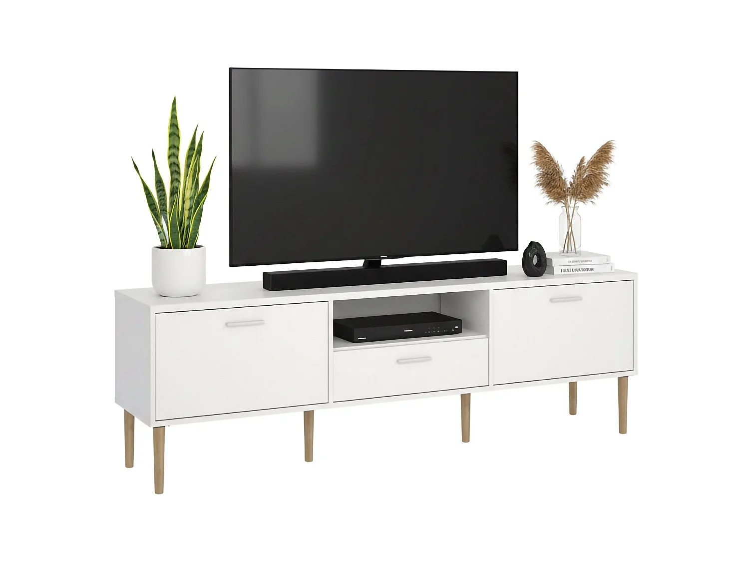 Meuble TV Dtisc, Buffet de salon, Armoire basse pour TV, Base murale de rangement, 177x40 h57 cm, Blanc