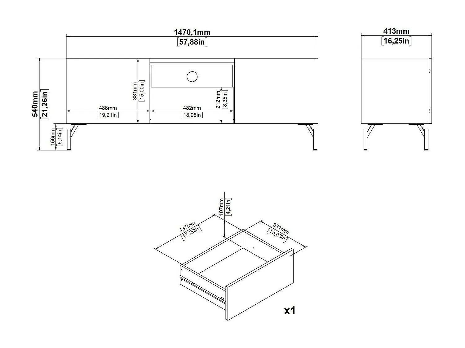 Móvel TV Ddtolo, Aparador sala, Armário baixo para TV, Base de parede equipada, 147x41 h54 cm, Carvalho e Preto