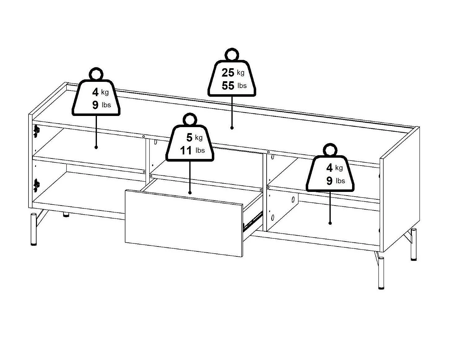 Móvel TV Ddtolo, Aparador sala, Armário baixo para TV, Base de parede equipada, 147x41 h54 cm, Carvalho e Preto