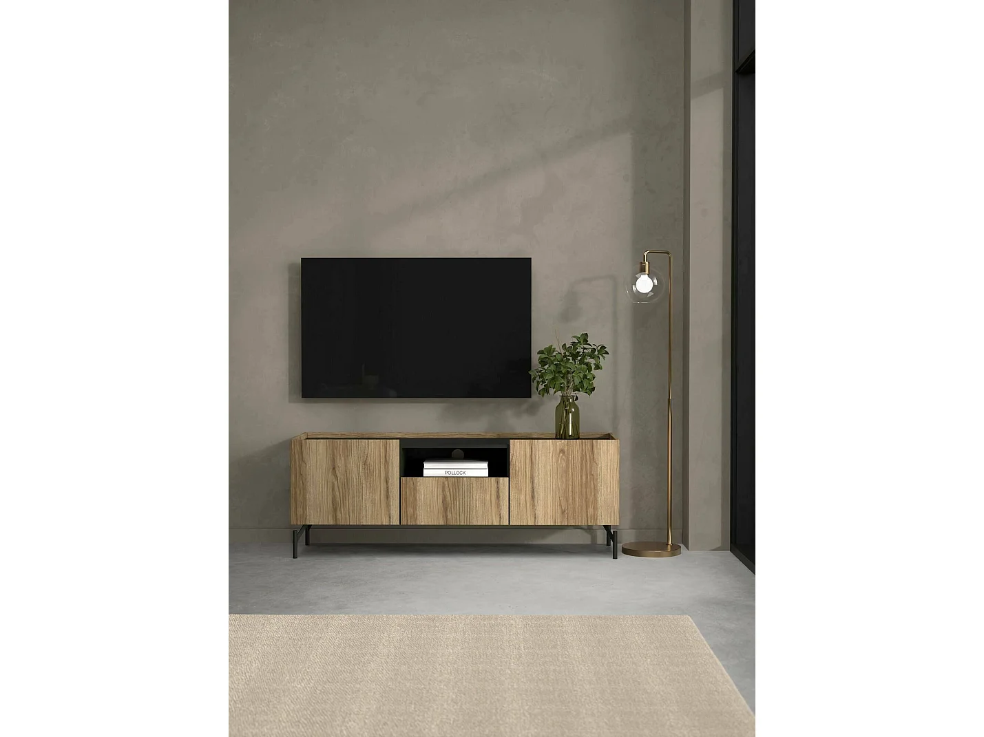Meuble TV Ddtolo, Buffet de salon, Armoire basse pour TV, Base murale de rangement, 147x41 h54 cm, Chêne et Noir