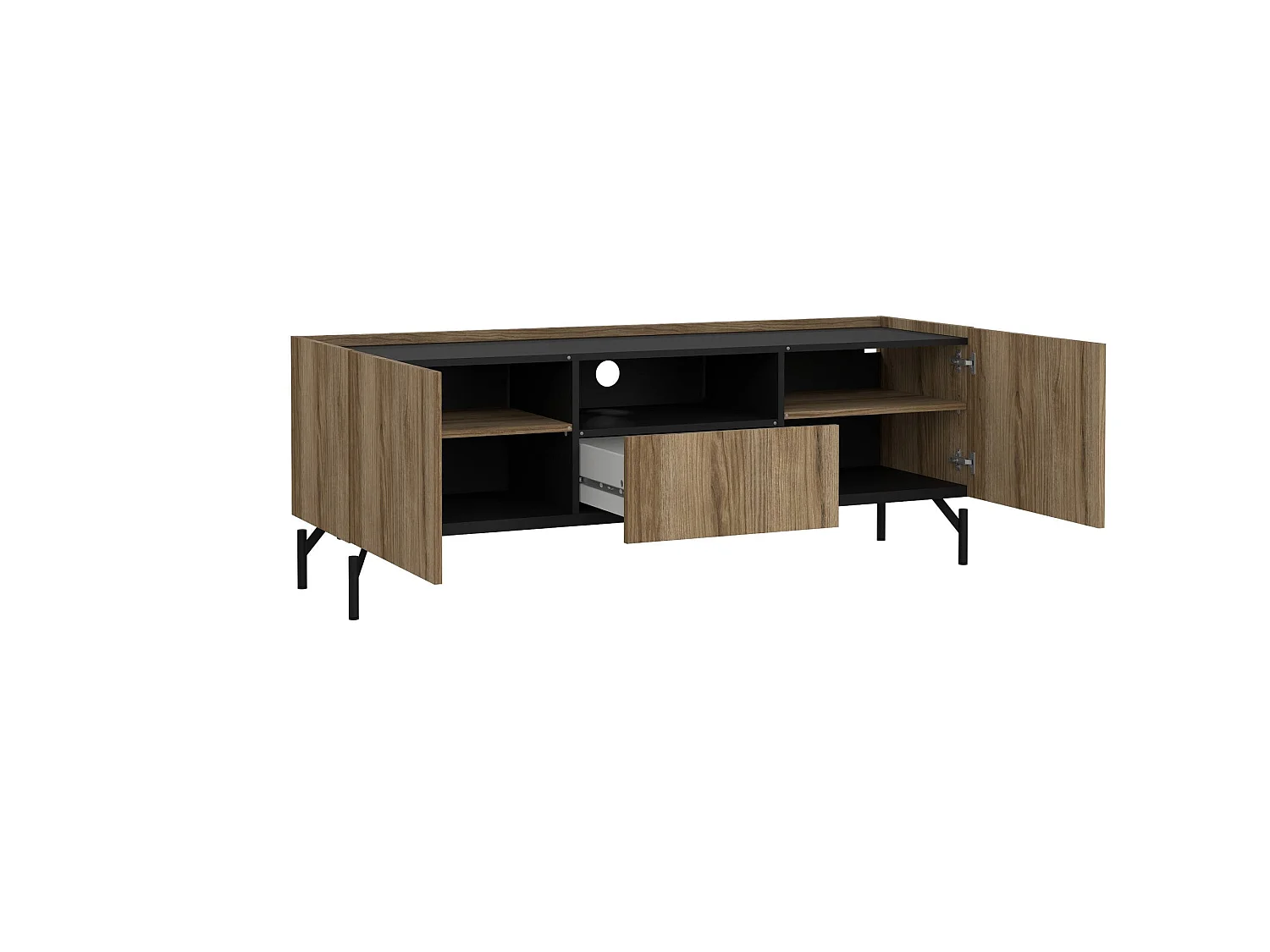Meuble TV Ddtolo, Buffet de salon, Armoire basse pour TV, Base murale de rangement, 147x41 h54 cm, Chêne et Noir