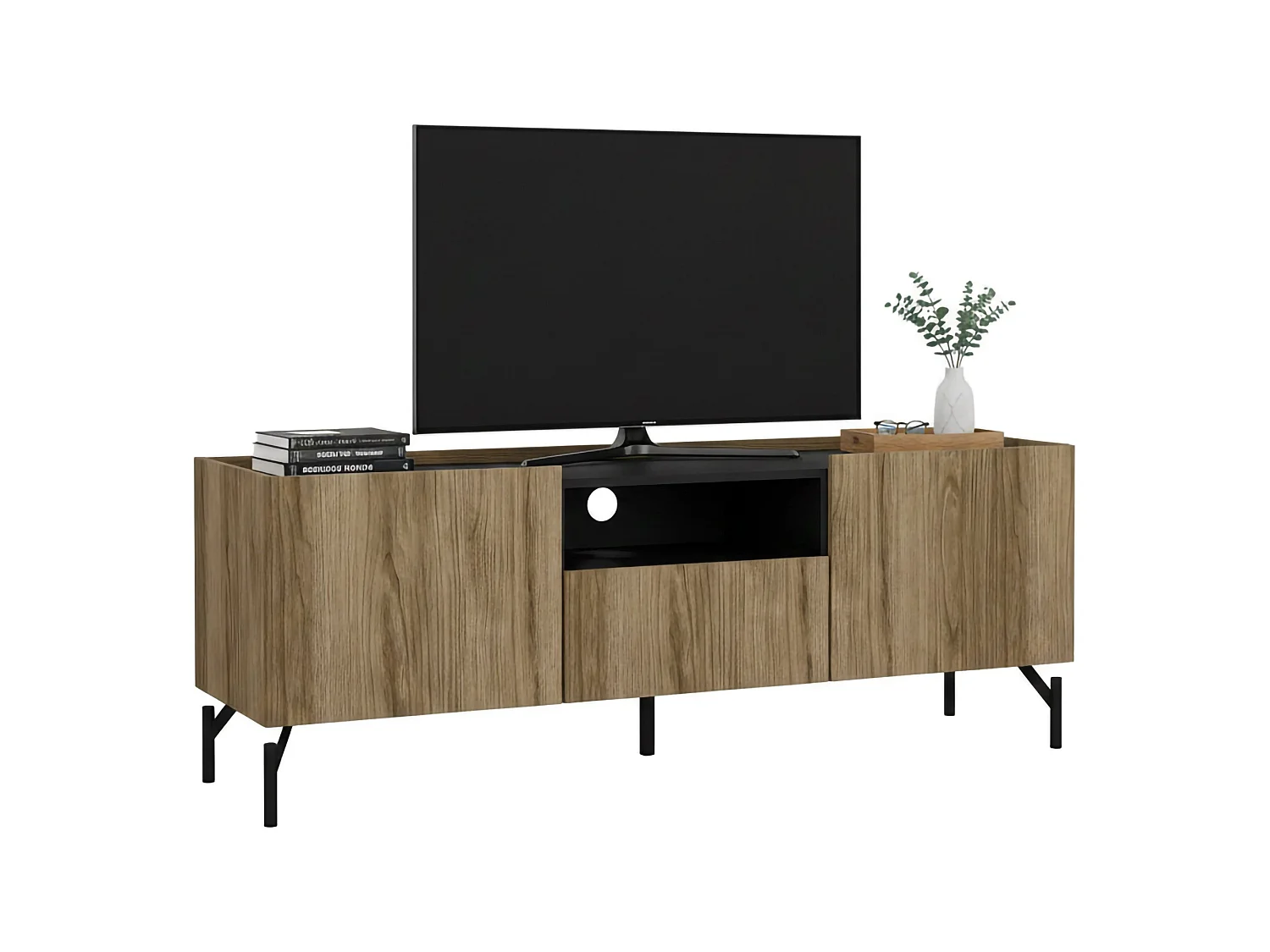 Meuble TV Ddtolo, Buffet de salon, Armoire basse pour TV, Base murale de rangement, 147x41 h54 cm, Chêne et Noir