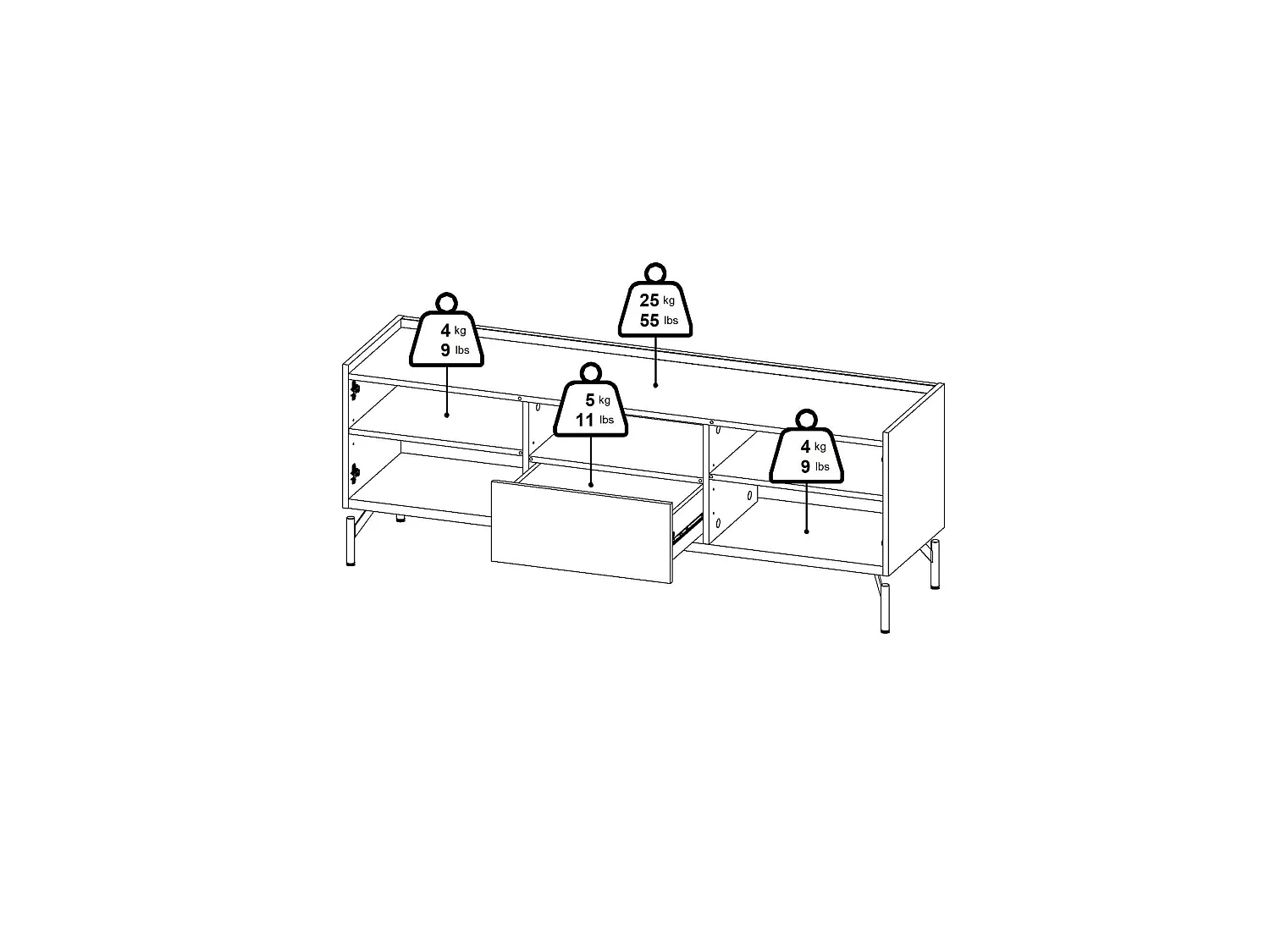 Meuble TV Ddtolo, Buffet de salon, Armoire basse pour TV, Base murale de rangement, 147x41 h54 cm, Chêne et Noir