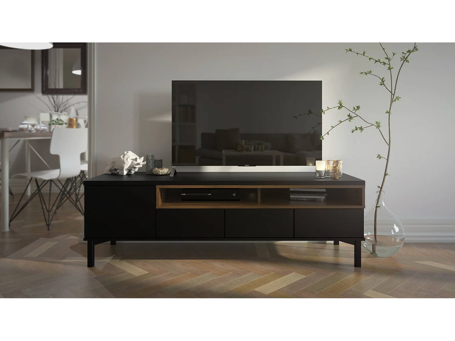 Meuble TV Dtoffani, Buffet de salon, Armoire basse pour TV, Base murale de rangement, 156x48 h48 cm, Noir et Noyer
