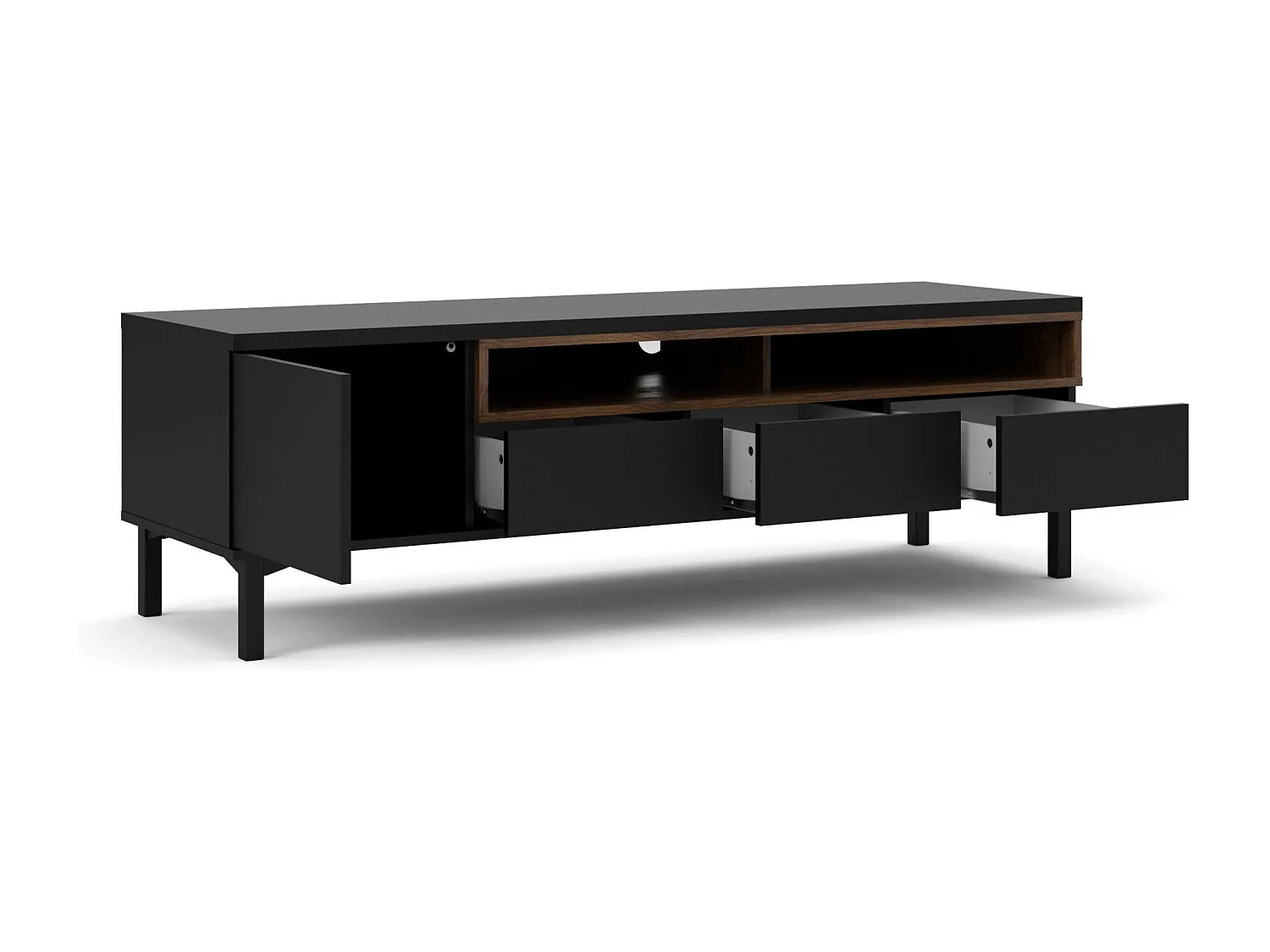 Meuble TV Dtoffani, Buffet de salon, Armoire basse pour TV, Base murale de rangement, 156x48 h48 cm, Noir et Noyer