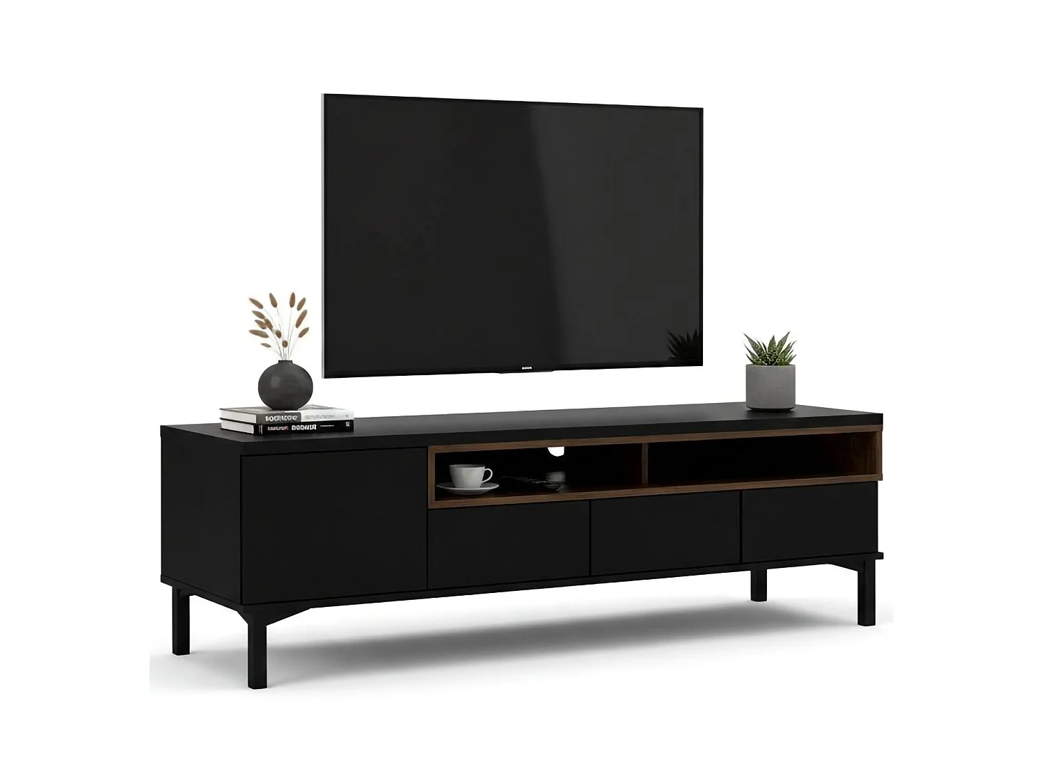 Móvel TV Dtoffani, Aparador de sala, Armário baixo para TV, Base de parede equipada, 156x48 h48 cm, Preto e Nogueira
