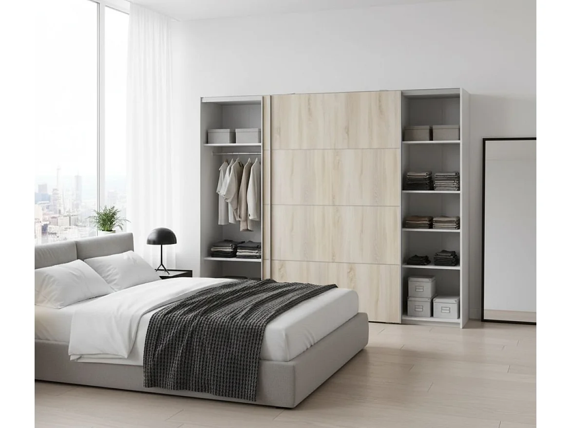 Garde-robe 2 portes Avelengo, Meubles de chambre, Penderie de plain-pied, Placard à vêtements, 243x64 h202 cm, Chêne et Blanc