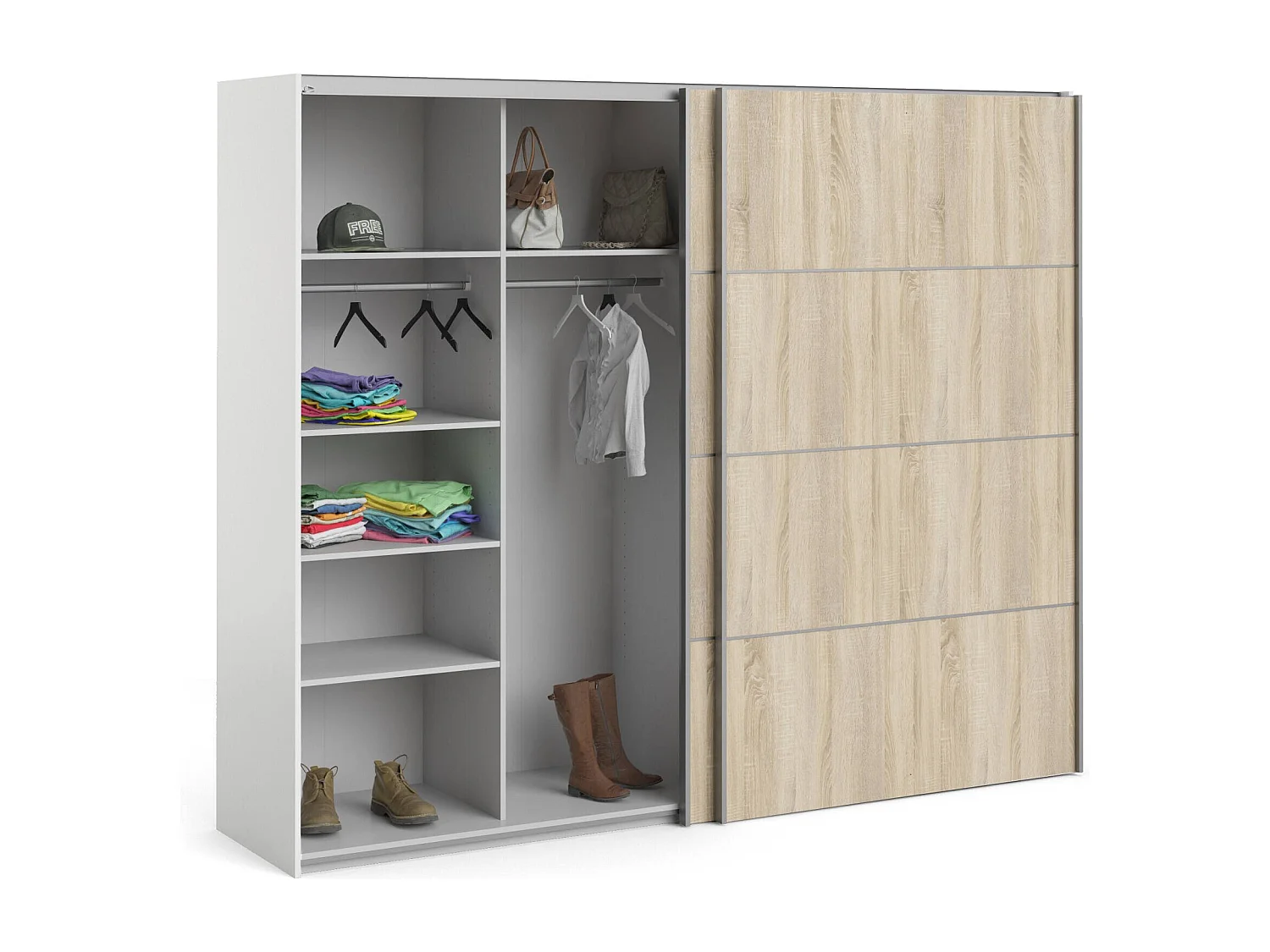 Garde-robe 2 portes Avelengo, Meubles de chambre, Penderie de plain-pied, Placard à vêtements, 243x64 h202 cm, Chêne et Blanc