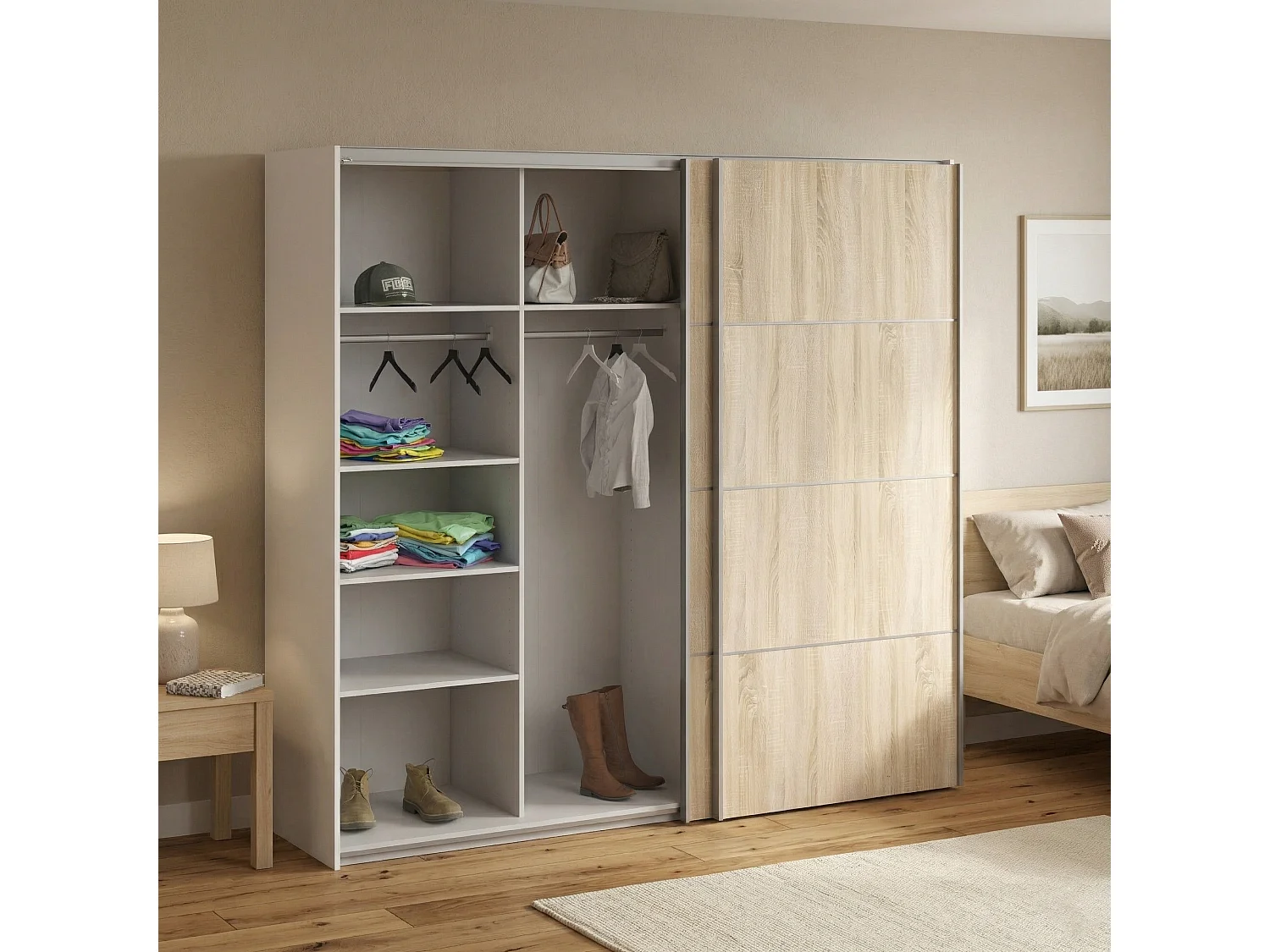 Garde-robe 2 portes Avelengo, Meubles de chambre, Penderie de plain-pied, Placard à vêtements, 243x64 h202 cm, Chêne et Blanc