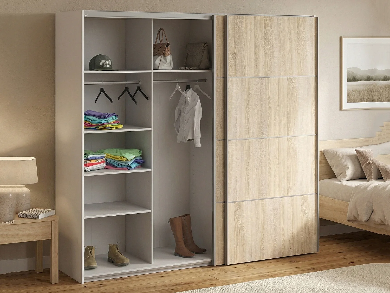 Garde-robe 2 portes Avelengo, Meubles de chambre, Penderie de plain-pied, Placard à vêtements, 243x64 h202 cm, Chêne et Blanc