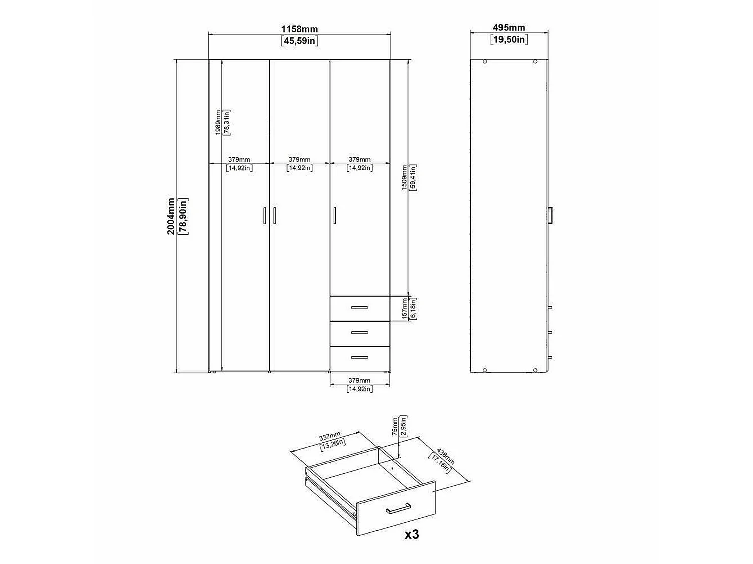 Armoire à trois portes et trois tiroirs, couleur blanche, Dimensions 115 x 200 x 49 cm