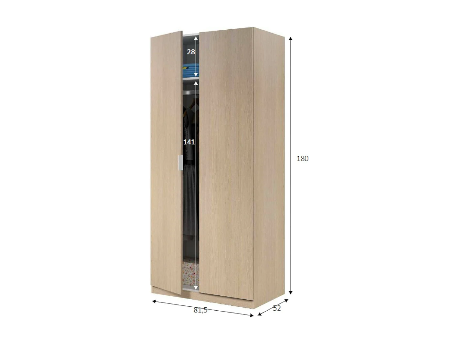 Guardarropa Dleon, Armario dormitorio con 2 puertas batientes, Mueble de dormitorio con 1 balda y barra para colgar ropa, 82x52h180 cm, Roble