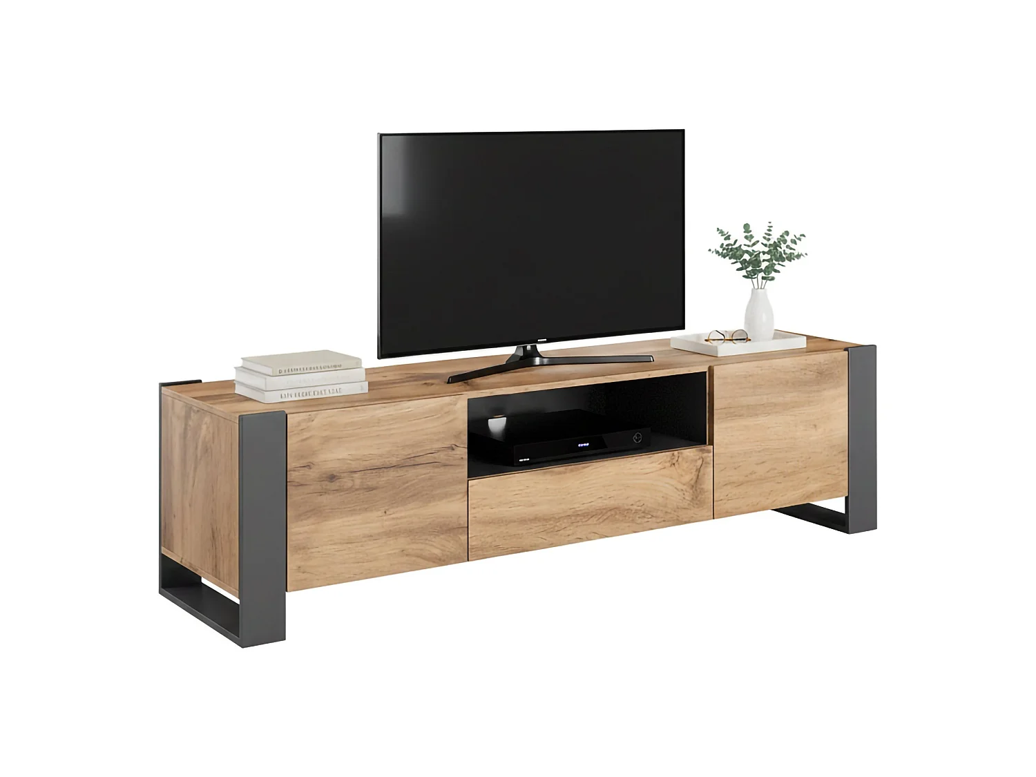 Meuble TV Sines, 3 étagères, 44x180x48h cm Chêne Nodé Marron