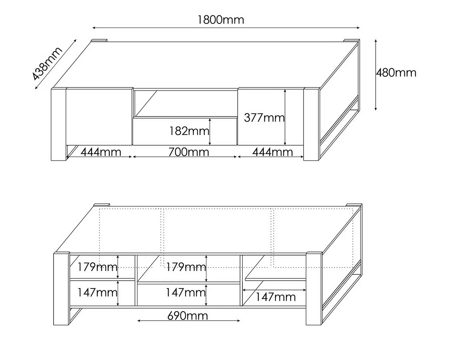 Meuble TV Sines, 3 étagères, 44x180x48h cm Chêne Nodé Marron