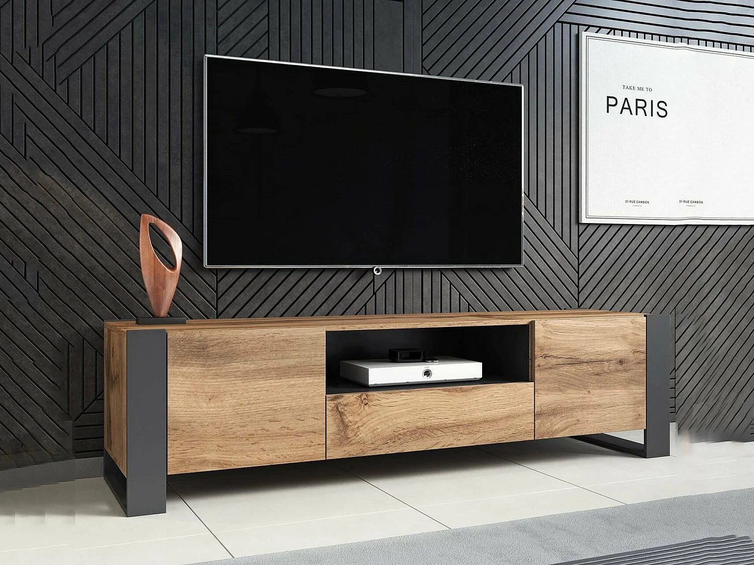 Meuble TV Sines, 3 étagères, 44x180x48h cm Chêne Nodé Marron